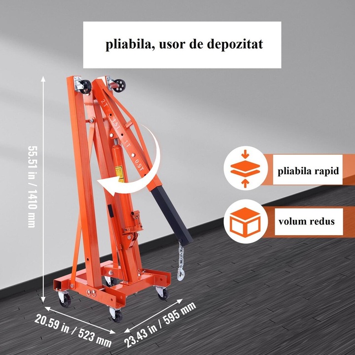 Macara hidraulica tip girafa 2 Tone cu troliu manual 680 Kg, 6 x Roti, Pliabil