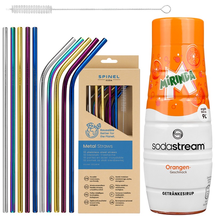 Сироп SodaStream Mirinda 440 ml, 1 брой + метални сламки SpinelSoda, 10 броя