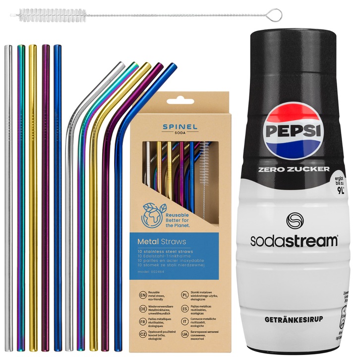 Сироп за SodaStream Pepsi Max 440 ml, 1 брой+ Метални сламки SpinelSoda, 10 броя