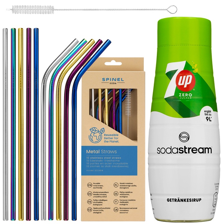 Сироп за SodaStream 7UP Free Zero Sugar 440 ml, 1 брой + метални сламки SpinelSoda, 10 броя