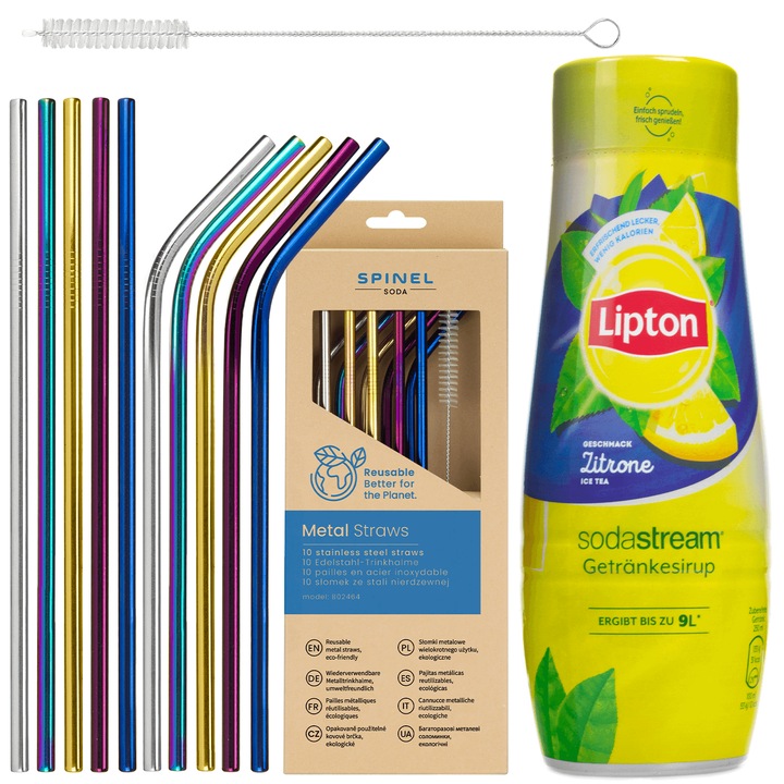 Сироп SodaStream Lipton Ice Tea Lemon 440 ml, 1 брой + метални сламки SpinelSoda, 10 броя