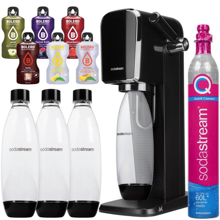 SodaStream Art Black szódagép készlet, 2 tál, 1 l, alumínium, fekete/fekete, tartozékok