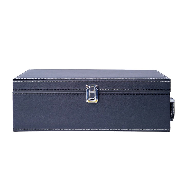 Elegáns ökológiai bőr tok két palack számára, fogantyúval és 4 kiegészítős készlettel borhoz, fekete, VELVE