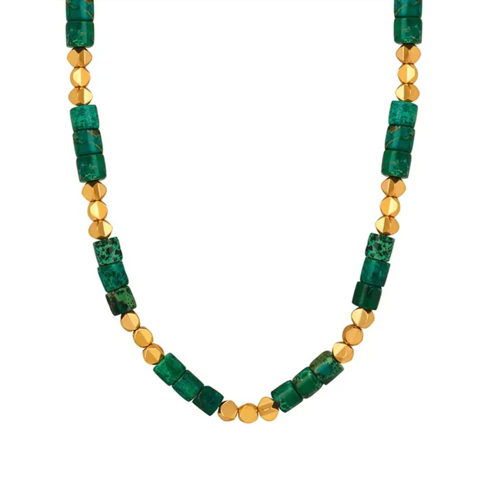 Colier otel inoxidabil Fiarra® placat cu aur 18k, petre naturale jasp verde imperial, 40 cm + 5 cm