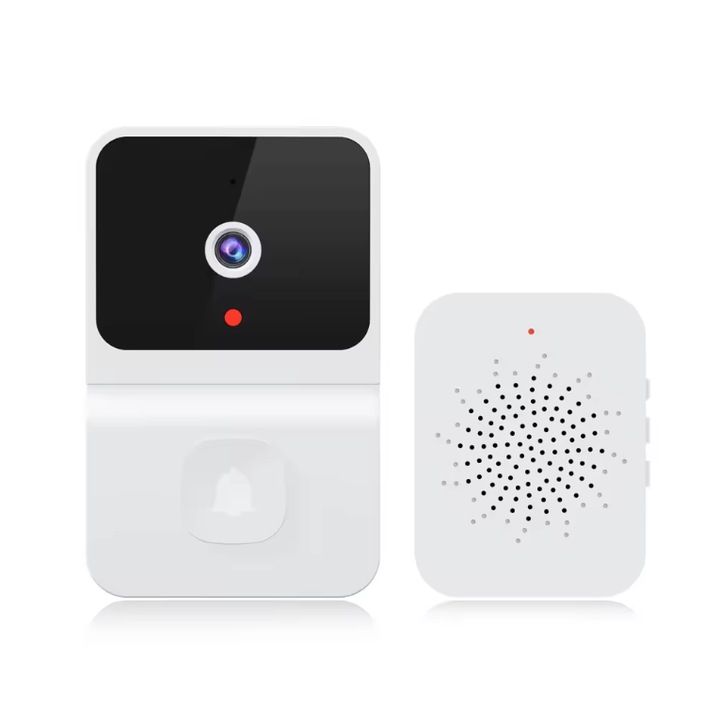 Интелигентен безжичен звънец с функция за видео разговори със смартфон, Smart Life/Tuya съвместим, акумулаторна батерия през USB порт, 19 песни, 75 db, бял