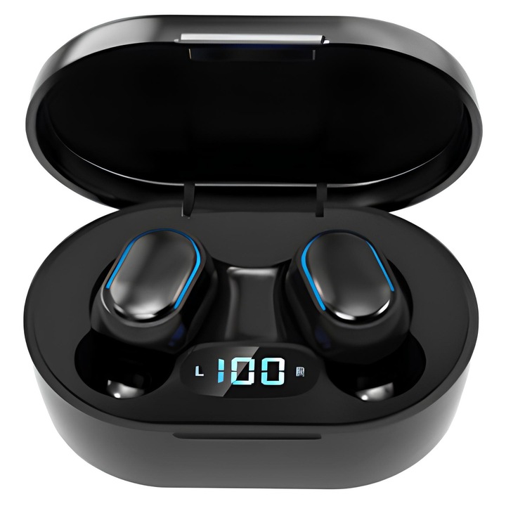 E7S vezeték nélküli fejhallgató, sztereó hang, érintésvezérlés, HD mikrofon, digitális kijelző, IPX-4 vízállóság, 5 óra autonómia, Bluetooth V5.3, fekete