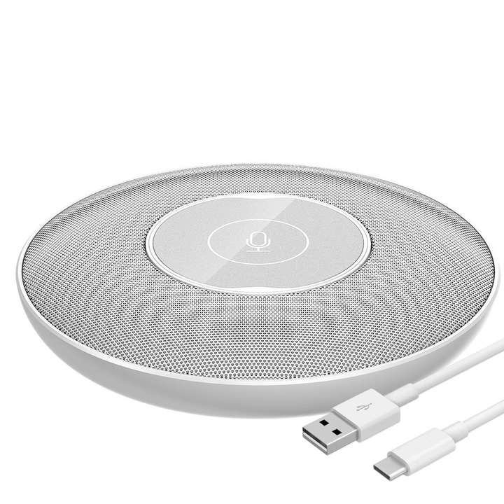 USB Professzionális konferencia mikrofon CRG-WM10®, kondenzátor, körirányú, hordozható, fémes, tárgyalóterem, online értekezlet, chat, fehér