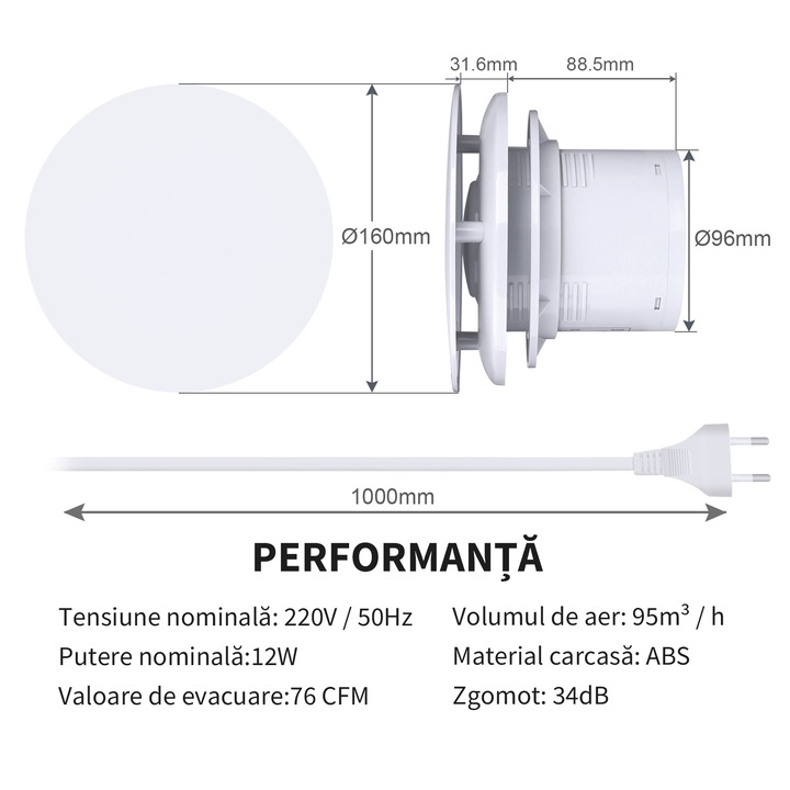 HUGOOME Ventilator de ventilatie 100 mm 95 m³/h 12W cu clapeta anti-retur, pentru bucatarie, baie, sera si garaj
