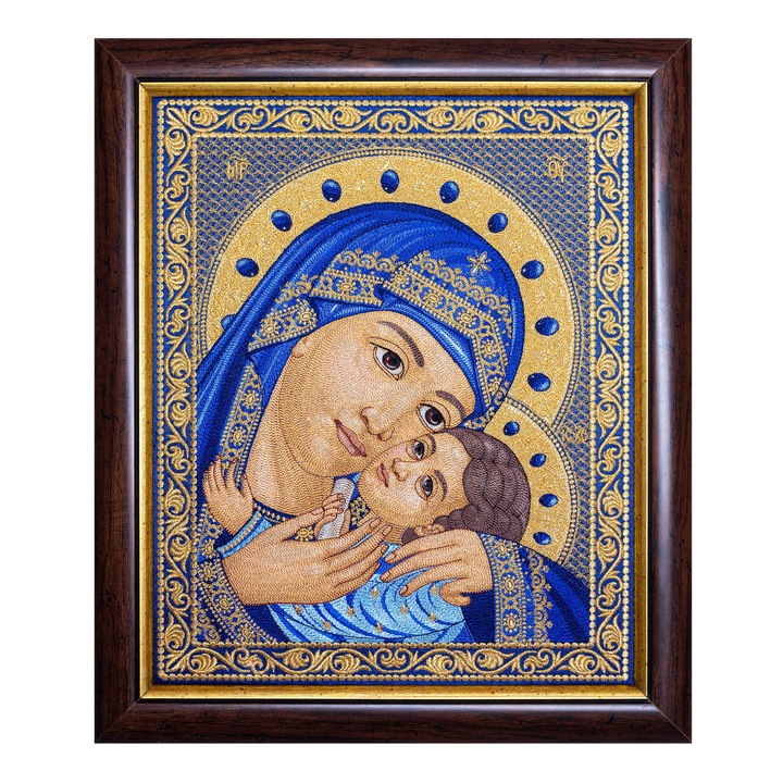 Icoana cu Maica Domnului Eleusa din Novgorod – brodata, inramata, 31 x 37 cm, albastru