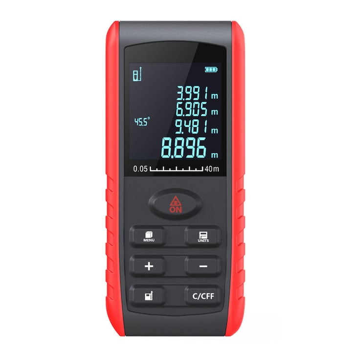Лазерен далекомер, Zola, множество интелигентни функции, LCD екран, водоустойчив, множество възможности за измерване, 11 x 5 x 2,5 cm, черен/червен