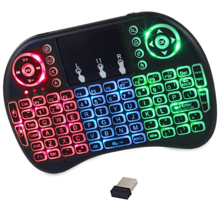 Tastatura wireless cu touchpad, iluminare RGB in 3 culori, reincarcabila, 145x18x95 mm, compatibila cu Xbox 360, PS3, PC, TV, Laptop, negru, PROMERCO®
