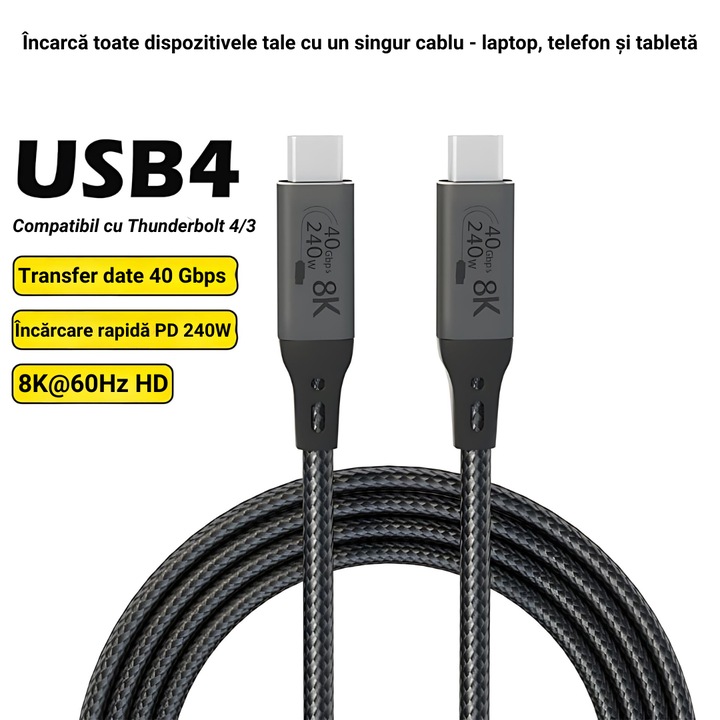 Cablu de date USB-C 4.0, PRESTIGE CHARGE®, transfer date 40Gbps, video 8K@60Hz 4K@144Hz, incarcare PD 240W laptop, monitor, telefon, compatibil Thunderbolt 3/4 si Iphone 15, 16 si 17, negru textil, 0.5m