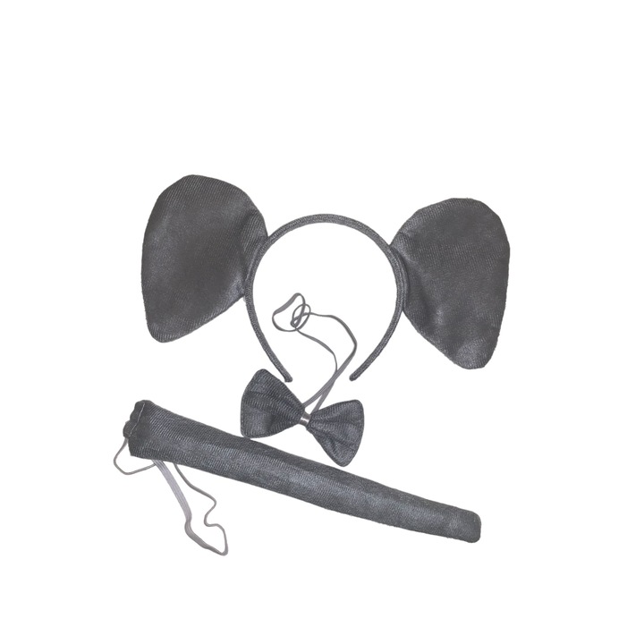 Set 3 accesorii costum elefant, bentita cu urechi, papion, coada, gri, marime universala