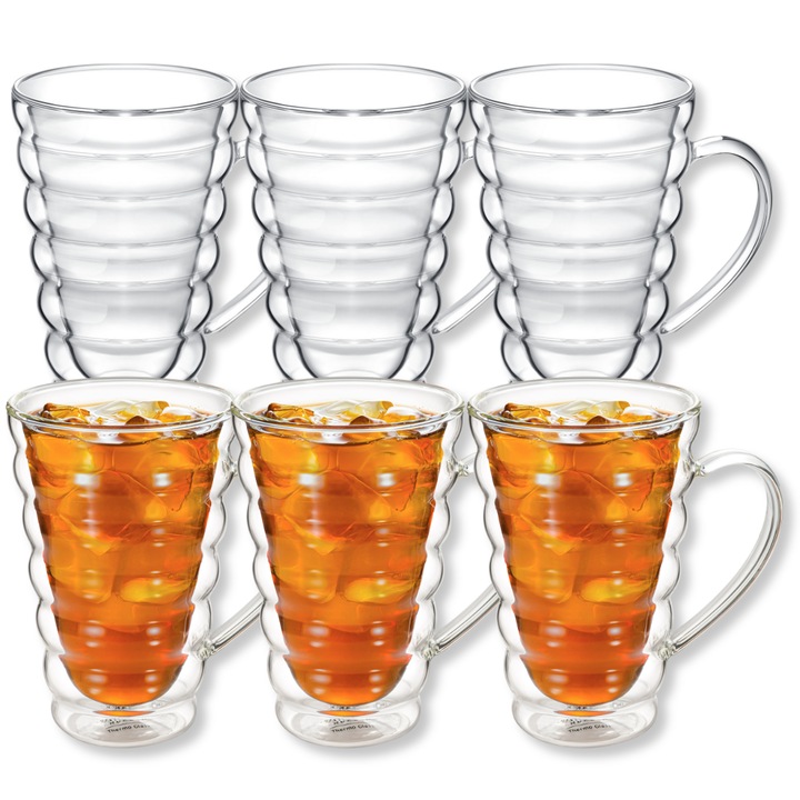 Set cani termo sticla transparente, perete dublu, 6 x 300 ml, Ceasca pentru cafea, ceai, cappuccino, pahar, Thermoglass, Wilmax England