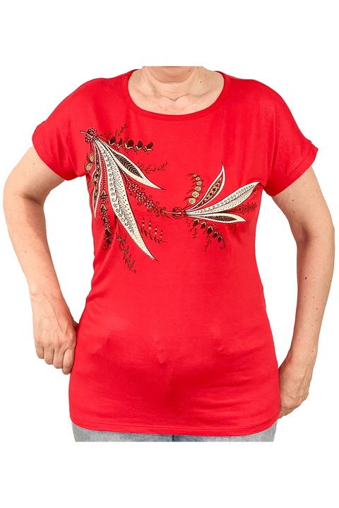 Női póló, pamut/lycra, piros, fehér liliom, univerzális méret