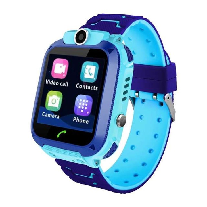 Детски GPS смарт часовник, с функция телефон, шпионски мониторинг, Тъч скрийн, Android/IOS, Силикон, Син