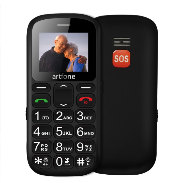 Telefon mobil pentru seniori, Artfone, dual SIM, Butoane mari, meniu in limba romana, buton SOS, Bluetooth, lanterna, radio, negru