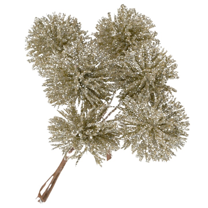 Decoratiune brad, buchetel de 6 flori de echinops auriu-argintiu cu sclipici, inaltime 14 cm