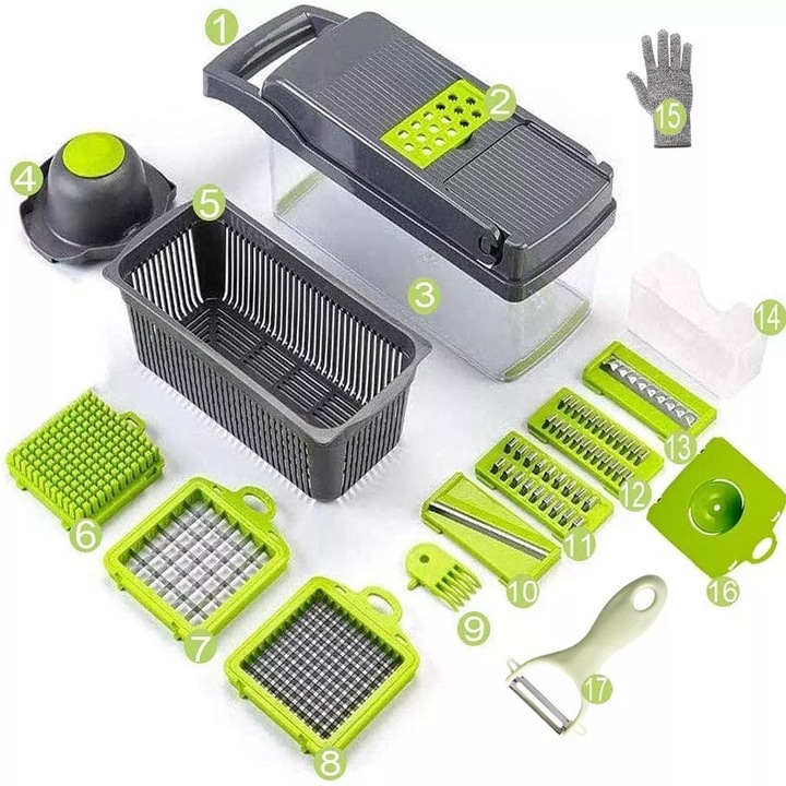 Set feliator si razatoare Gonice, 17 piese, inox, 32.2x11.3x11.3cm, capacitate 2.5L