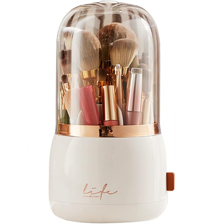 Organizator pentru Pensule de Machiaj si Cosmetice, Rotativ, Capac Transparent, 7 Compartimente, Anti-praf, Alb