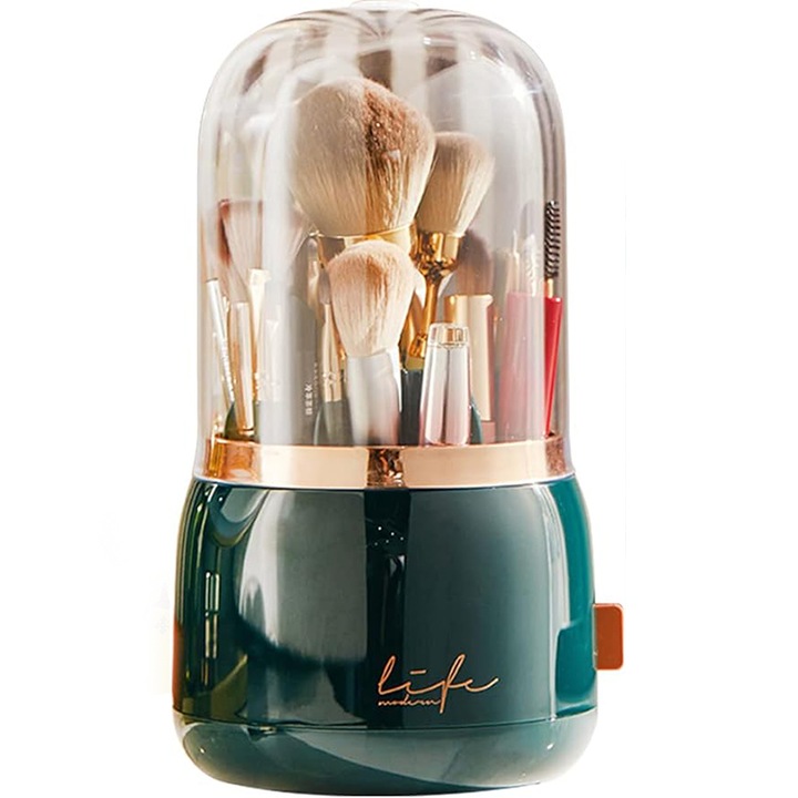 Organizator pentru Pensule de Machiaj si Cosmetice, Rotativ, Capac Transparent, 7 Compartimente, Anti-praf, Verde