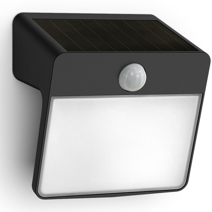 Lampa LED solara Philips Yarixa SR WA, cu senzor miscare/lumina, 2.2W, 250/25 lm, lumina alba calda (2700K), IP44, Negru