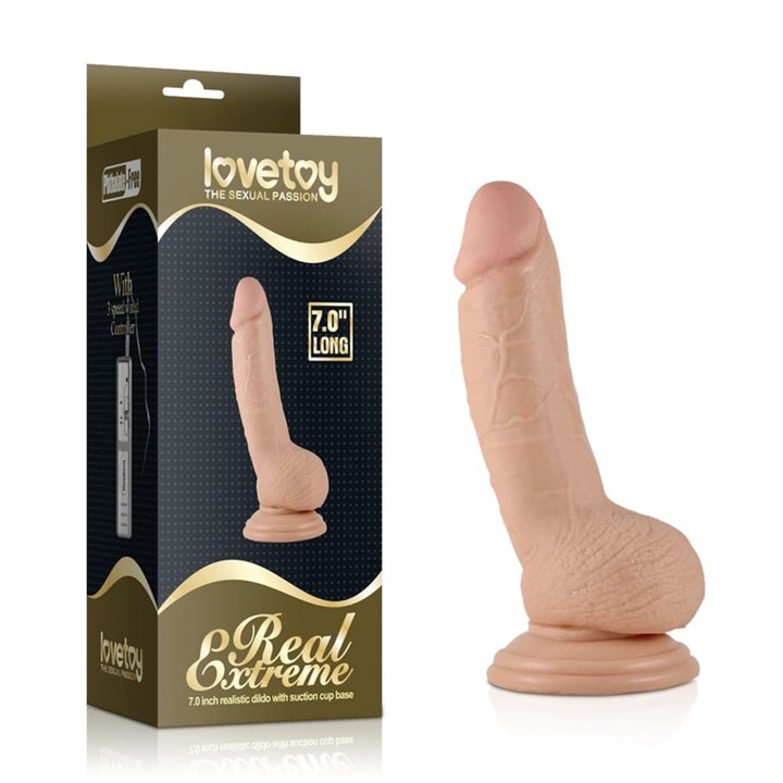 Реалистичен вибратор, Lovetoy с вибратор, с тестиси, 16-20 см дължина, 3,5-3,9 см диаметър, водоустойчив, вендуза, телесен цвят