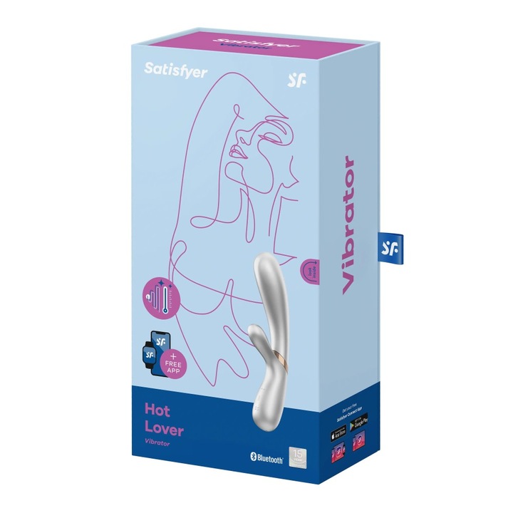 Вибратор Rabbit Satisfyer Hot Lover, Със стимулация на клитора и G-точката, Контролиран чрез приложение, Водоустойчив, С нагряване, Дължина 16-20 см, Диаметър 3,5-3,9 см, Силикон и ABS материал, Сребрист