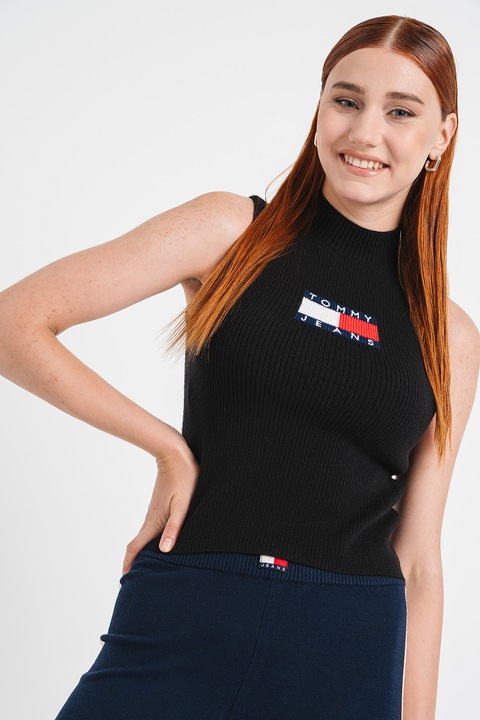 Tommy Jeans, Рипсен топ с лого, Черен