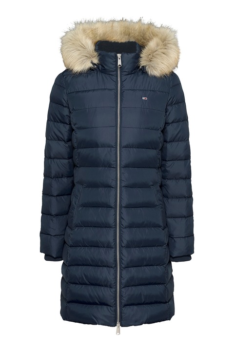 Tommy Jeans, Зимно яке с пухена вата, еко пух и качулка, Ултрамарин синьо/Бежов