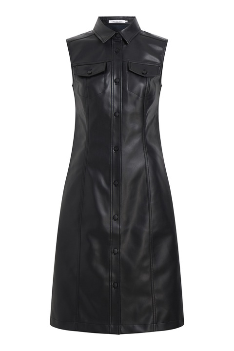 CALVIN KLEIN JEANS, Ujjatlan műbőr ruha fedőlapos zsebekkel, Fekete