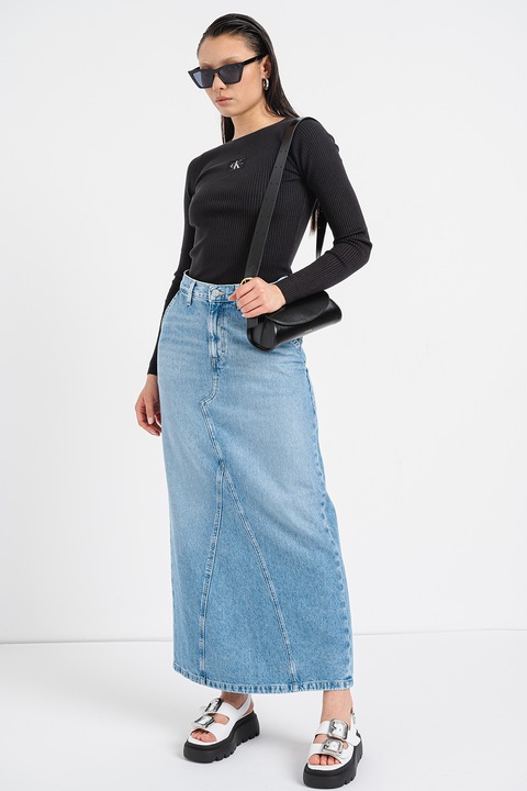 CALVIN KLEIN JEANS, Pulover striat din amestec de lyocell cu aplicatie logo, Negru