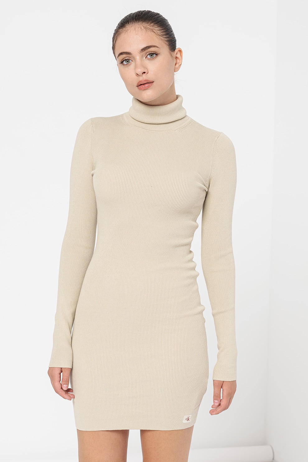 CALVIN KLEIN JEANS, Rochie bodycon mini cu guler inalt, Camel, M
