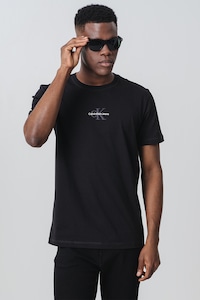 CALVIN KLEIN JEANS, Tricou de bumbac cu decolteu la baza gatului si logo pe piept, Negru, M