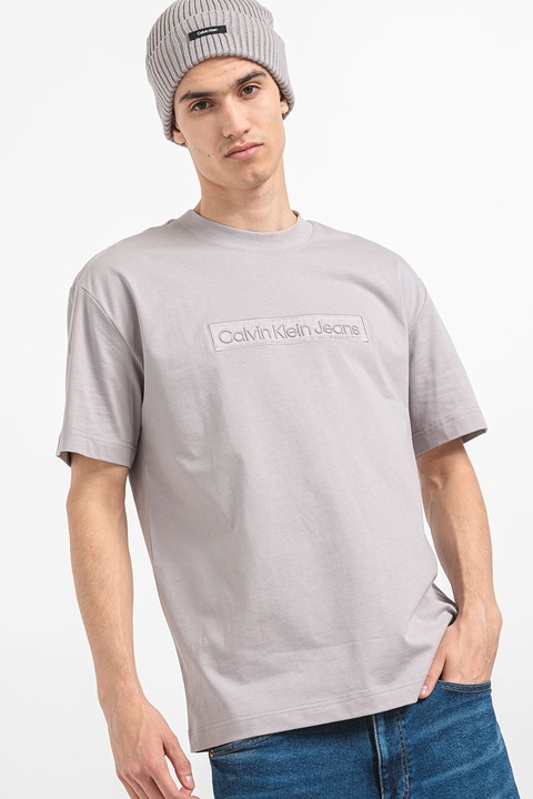 CALVIN KLEIN JEANS, Tricou cu logo brodat pe piept, Gri deschis