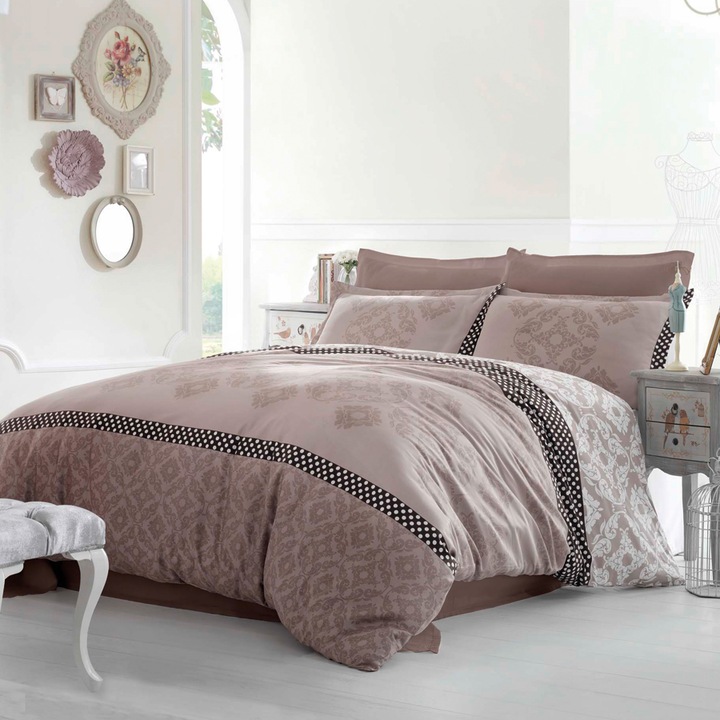 Ágyneműgarnitúra, Faro, pamut, paplanhuzat, 160 x 200 cm, 2 párnahuzat, barna/krém