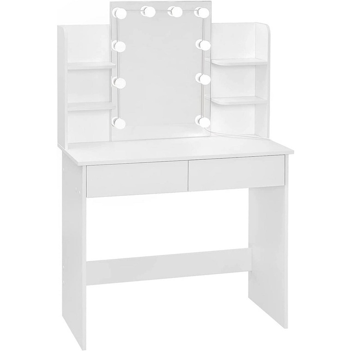 Masa de toaleta cu iluminare LED, oglinda 45x60cm, alb, 90x135x40cm, 4 rafturi, 2 sertare