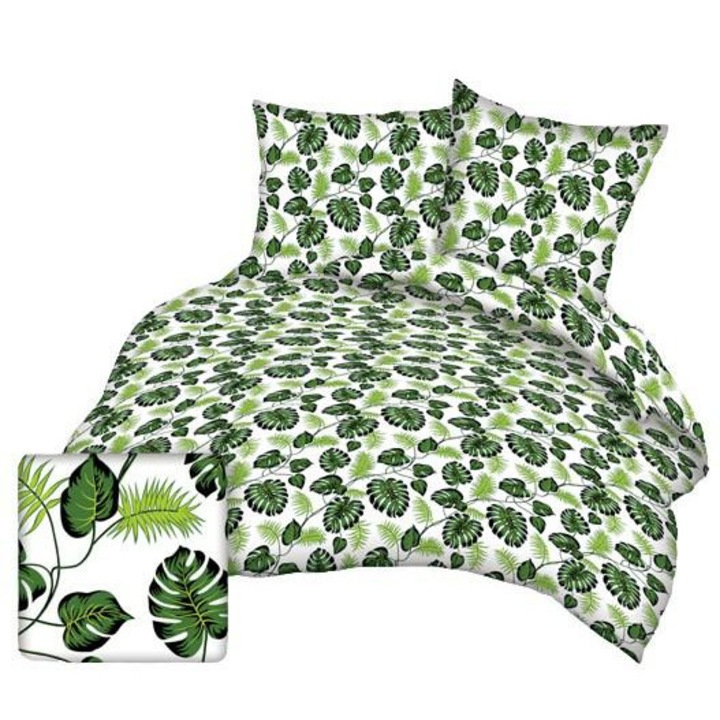 Karo ágyneműhuzat garnitúra, 160x200cm, pamut, fehér zöld levelekkel, 70x80cm, Lengyelországban gyártva