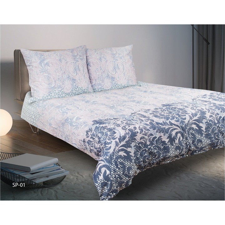 MATEX Premium ágynemű garnitúra, 100% pamut, púder rózsaszín/fehér/szürke/tengerészkék, 160x200cm, 3 részes