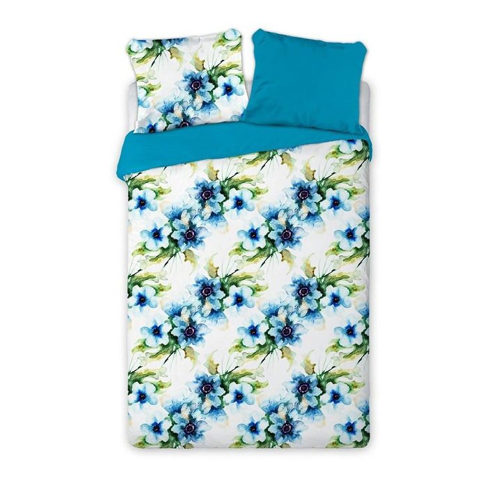 Szatén ágyneműhuzat 140x200 – Aquarell festett virágok kék kétoldalas 011