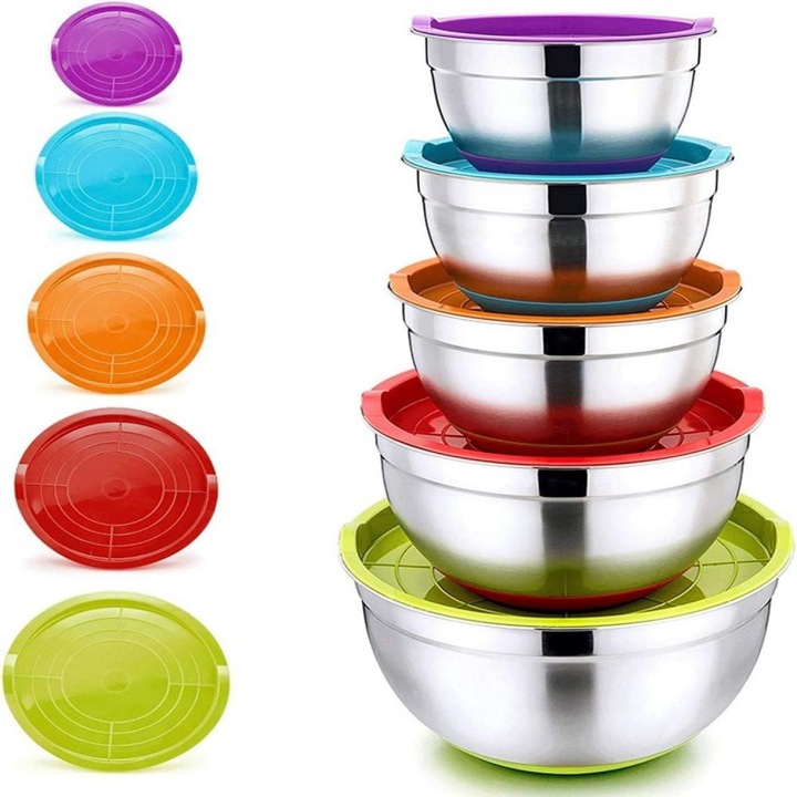 5 db-os tálak készlet, QttvbTna, rozsdamentes acél, szoros tetővel, csúszásmentes talppal, többszínű, 18-26cm