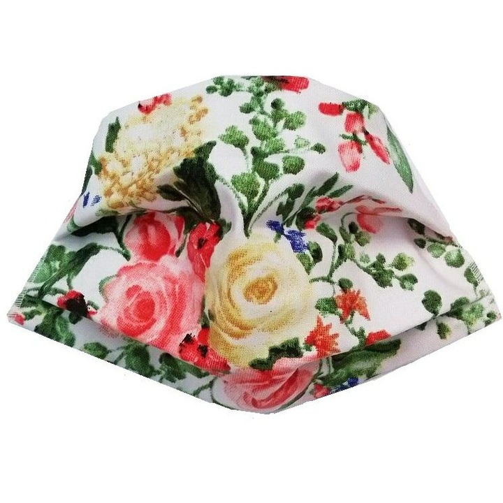 Masca chirurgicala Karo, bumbac 100%, dublu strat, alba cu flori, 9x18cm