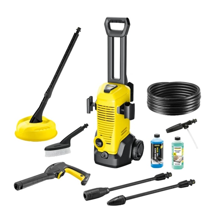 Aparat de spalat cu presiune, 1600 W, debit maxim 380 l/h, 120 bari, lungime furtun 6 m, 24.2 X 28.5 X 80.5 cm, galben + detergent