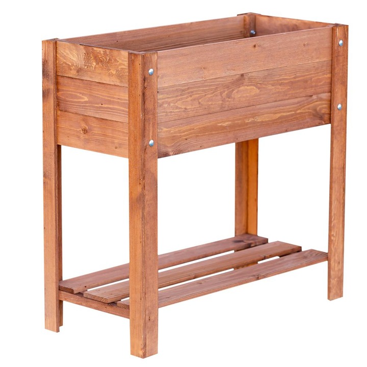 Suport pentru flori ITA Home & Garden, Lemn natural, Un singur nivel si raft, 80x37x78cm, Maro