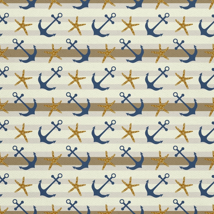 Textilanyag, Horgony és tengeri csillag, Poliészter 100%, 210g/pm, Méret: 100cm x 155cm, DX663