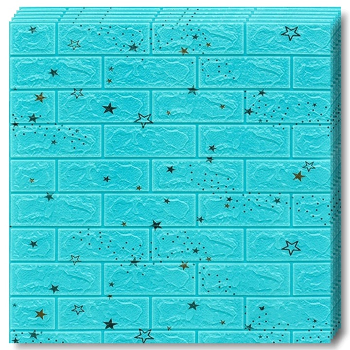 Set 30x Tapet Caramida 3D Teno®, model Stelute, suprafata acoperirre 15.9 mp, autoadeziv, waterproof, usor de montat, design modern, 70x77 cm, albastru