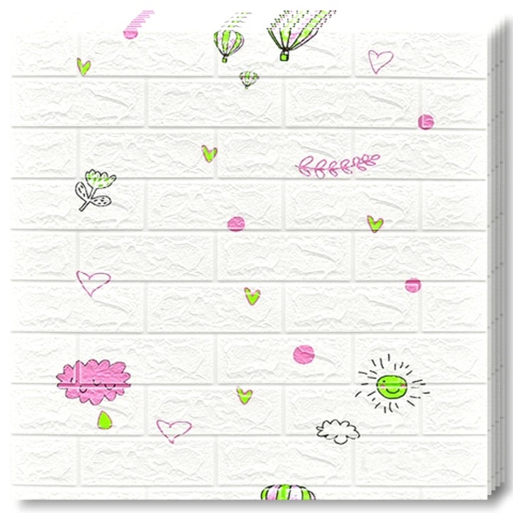 Set 100x Tapet Caramida 3D Teno®, model Nori si Baloane, suprafata acoperire 53 mp, autoadeziv, waterproof, usor de montat, design modern, 70x77 cm, alb