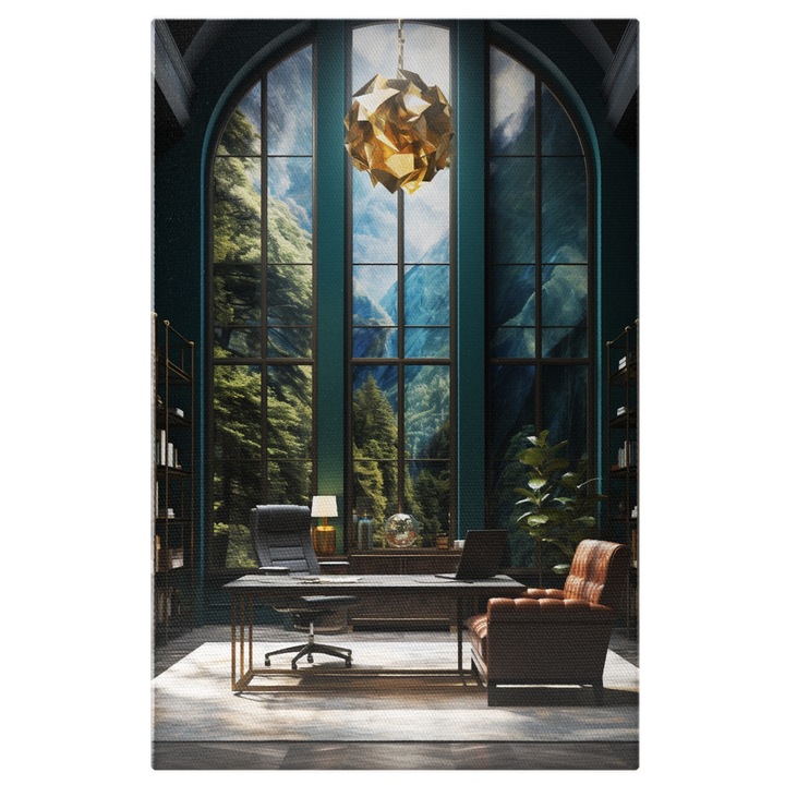 Tablou Canvas: designe interior camera de birou cu ferestre inalte view jungla Pictura Digitala 90x60CM