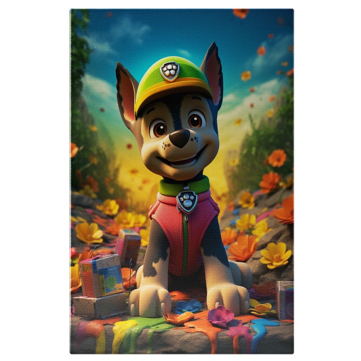 Tablou Canvas: Caine Zambind la Camera si Fundal cu Flori si Culori- Personaj Animat Pictura Digitala 100x70CM