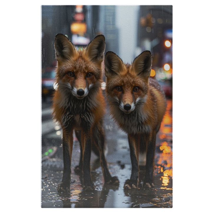 Tablou Canvas: Vulpi, Cadru de Aproape in Civilizatia Urbana, Privind la Camera- Ploaie si Animale Pictura Digitala 70x50CM